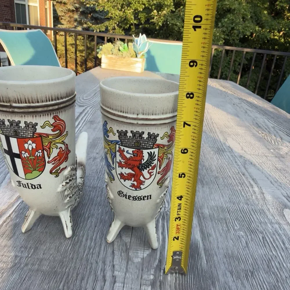 2 Vintage German Drinking Horn Set Fulda & Giessen Heraldic Crest Beer Goblets